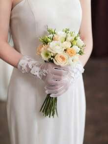 1 Pair Women's Beige Embroidered Lace Mesh Gloves, Pearl Tulle Bridal Gloves, Wedding Party Event Gloves - Beige - View 3