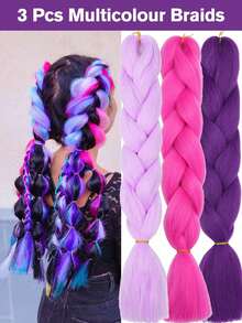 3pcs 24 Inch Large Braided Hair Extensions For Women, Suitable For Daily Wear, Holiday, Costume Party, Music Festival, Sky Blue, Purple, Rose Pink, Multi-Color Fashion Synthetic Braided Hair, High Temperature Resistant, Durable And Practical - Multicolor - View 13
