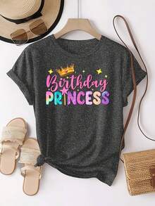 Plus Size-Birthday Princess Print, Adorned With Crowns And Stars, Colorful. Unique Pattern Print Casual Everyday Round-Neck Short-Sleeve Fashion Sports T-Shirt, Comfortable Top For Women-1XL-5XL - 深灰色 - 查看 6