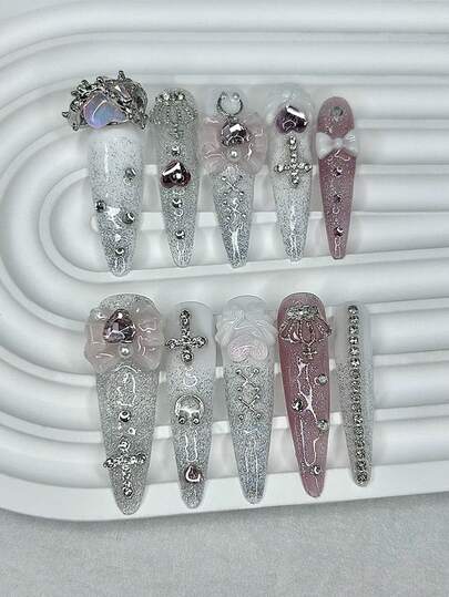 10pcs Cute Japanese Jirai Pink Long Stiletto 3D Bow Crown Cross Baddie Y2K Glitter Press-On Fake Nails With 1pc Jelly Sticker & 1pc Nail File