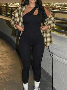 Bộ jumpsuit nữ thời trang màu trơn khoét eo không tay dáng ôm, màu đen thanh lịch mùa hè. - màu đen - Xem 1