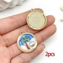 2/7 piezas Colgante redondo con estilo de playa, chapado en oro, con diseño de estrella de mar, concha y estilo retro francés en color azul océano para hacer collares, aretes y accesorios de llavero - Azul - Ver 15