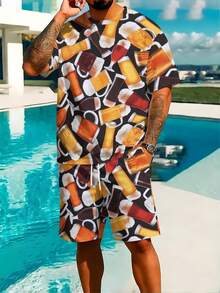 Two-Piece, Fun And Eye-Catching, Knitted Fabric, Vivid Pattern, Men's Casual Strolling, Summer Road Trips, Black Background With Beer Mug All-Over Print, Men's Short-Sleeve Beach Pants Set - 彩色 - 查看 2