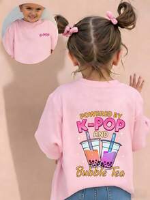 少女“K-POP”波霸奶茶印花T恤，时尚休闲百搭上衣，适合女孩日常休闲穿着 - 粉色 - 查看 1