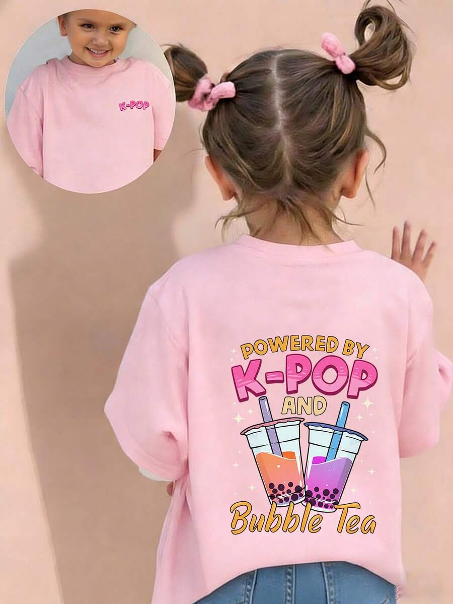 少女“K-POP”波霸奶茶印花T恤，时尚休闲百搭上衣，适合女孩日常休闲穿着 - 粉色 - 查看 1
