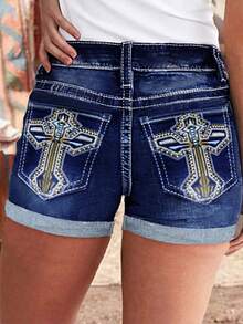 Women's Large-Size High-Waisted Stretch Blue Washed Denim Shorts With Embroidered Back Pocket, Retro Rolled Edge Design, Tight Fit, Slimming Effect, Fashionable And Versatile. Women's Large-Size Denim Shorts. - Hải quân - Xem 12