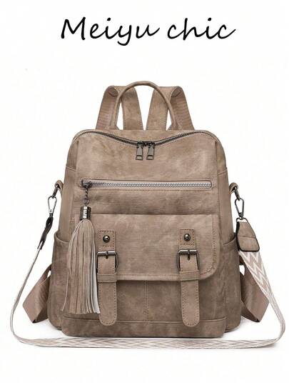 Retro Women's Backpack, New Style, High-End Soft Leather, Dual-Use As Shoulder Bag, Large Capacity Commuter Backpack. Features Tassels, Multifunctional Travel Bag, Solid Khaki Color, Flap Pocket, Zipper Pocket, Two Side Cup Holders, Smooth Zipper Closure, Top Handle For Single-Hand Carrying, Double Shoulder Straps, Distinctive Strap Design, PU Material With Stitched Detailing. Suitable For Middle School, High School, And College Students For School, Business Trips, Office, And Other Occasions.