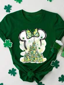 Disney Women's T-Shirt Featuring A Cartoon Print Of Mickey Mouse's Head Against A Disney Castle Backdrop With St. Patrick's Day Elements. This Spring/Summer Women's Crew Neck T-Shirt Is Made From Soft, Comfortable Fabric. A Stylish Disney Women's Graphic Tee Perfect For Everyday Wear, Outings, Travel, And Leisure Activities. Also Makes An Exquisite Gift. - Green - View 1