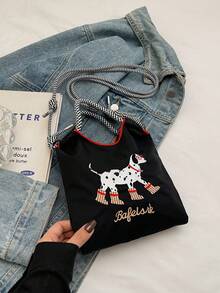 可爱斑点狗刺绣迷你方包，休闲百搭单肩斜挎包，学生日常包 - 黑色 - 查看 8