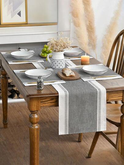 1/4/5/6/7 pièces Chemin de table moderne minimaliste à design contrasté rayé, nappe durable de type lin résistante aux plis, convient pour la table à manger / l'entrée, ensemble de décoration de la maison, ensemble de décoration du salon, ensemble de décoration de la chambre à coucher, ensemble de décoration de la salle à manger, matériau de type lin, plusieurs tailles disponibles, décoration de table à manger, écharpe de cheminée, sets de dessous de plat, décorations pour la maison