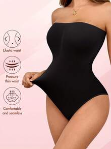 1pc Women's Strapless Solid Color Bodysuit, Seamless High-Waist Slimming Shapewear, Nylon Knit Fabric, No Padding, High Support Black Elegant Summer - Black - View 3