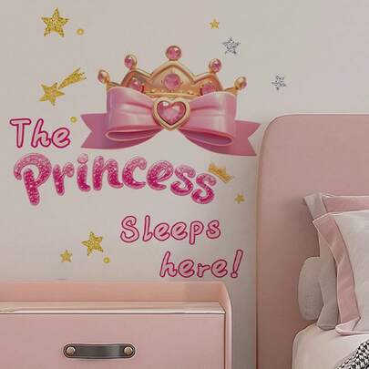 1/2pcs The Princess Sleeps Here Wall Sticker, Pink Crown Bow Heart Quote Decal For Bedroom Living Room Dorm, Removable Self-Adhesive DIY Vinyl Mural Art Home Decoration