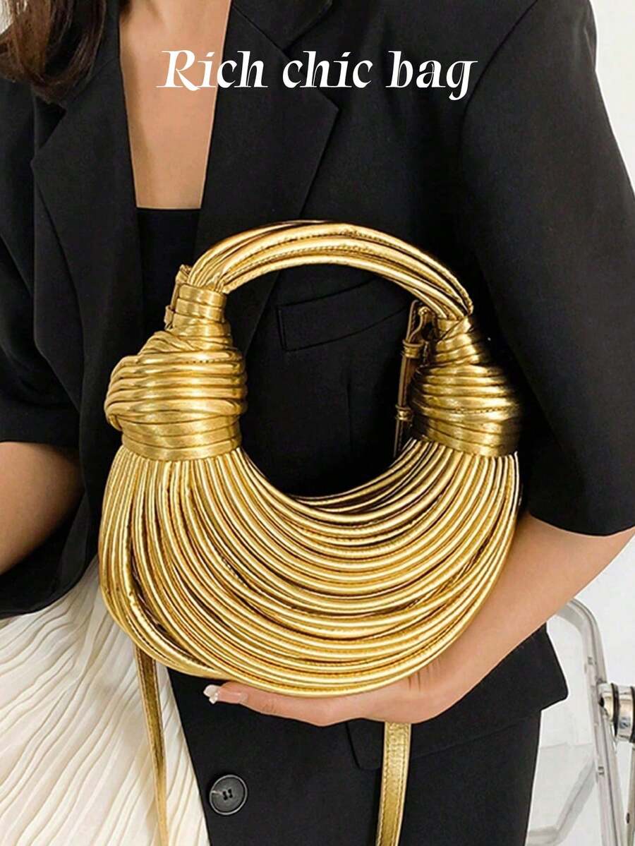 New Fashion Classic Handmade Woven Bag Decoration Design Retro Heavy Shoulder Bag, Noodle Bag, Ladies' Purse, Suitable For Shopping, Commuting To Work, Party Gathering. - 金色 - 查看 1
