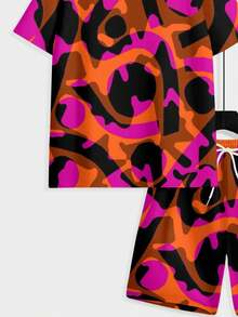 Two-Piece, Bold And Distinctive, Knitted Fabric, Visual Impact, Men's Street Casual, Summer Street Casual, Orange, Black And Pink Contrast Pattern, Men's Short-Sleeve Beach Pants Set - 彩色 - 查看 6