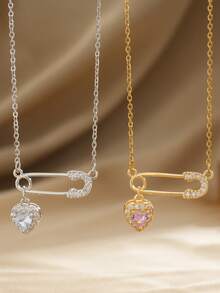 1pc Fashion Safety Pin Necklace With Cubic Zirconia Heart Pendant, Stainless Steel Chain, Copper Pendant Zirconia Inlaid With Quality , Valentine's Day Gift For Women, Everyday Wear - Pin - View 1