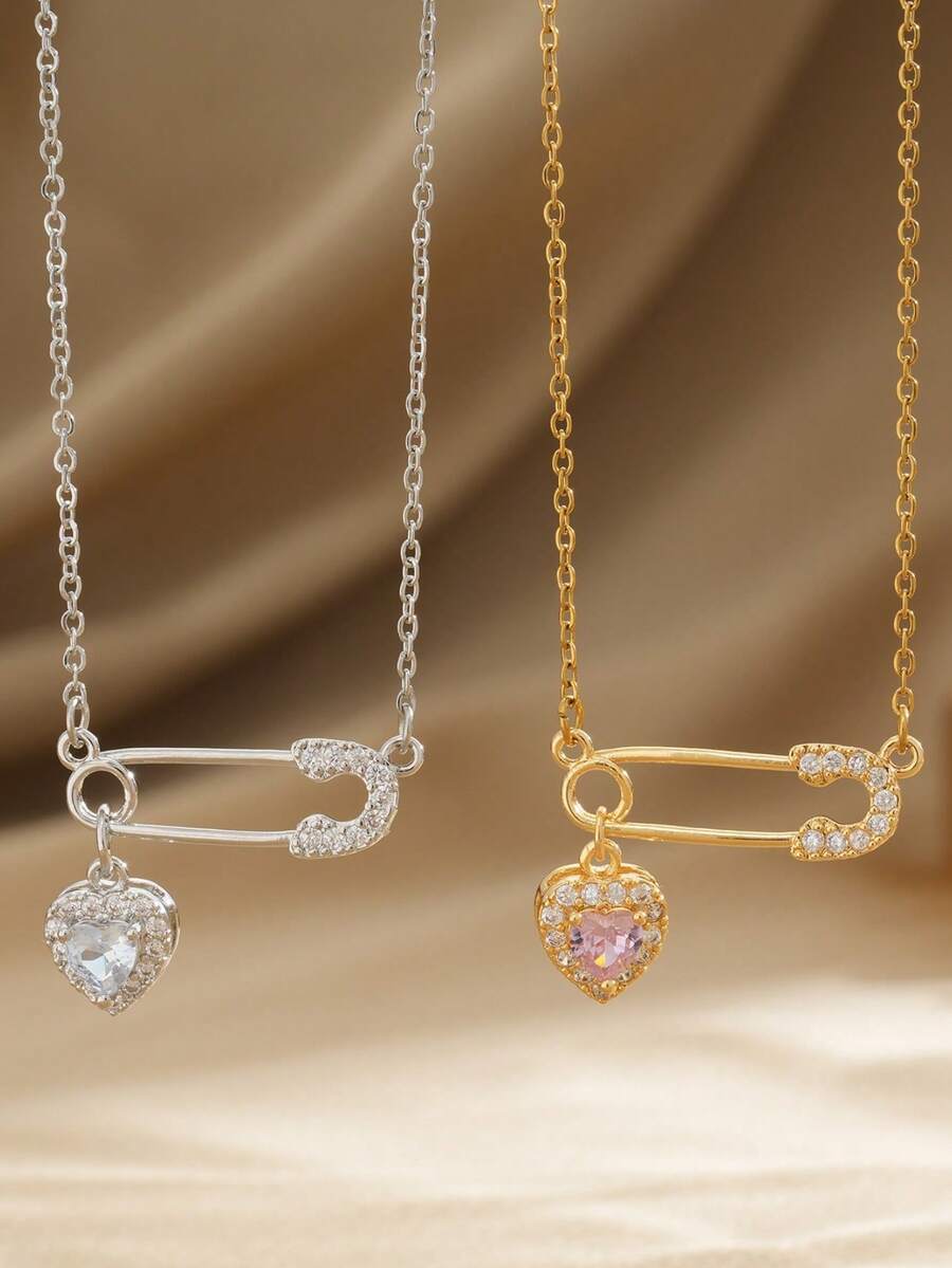 1pc Fashion Safety Pin Necklace With Cubic Zirconia Heart Pendant, Stainless Steel Chain, Copper Pendant Zirconia Inlaid With Quality , Valentine's Day Gift For Women, Everyday Wear - Pin - View 1