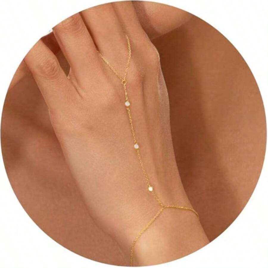 1pc Women's Gold Bracelet, Delicate Gold-Plated, Inlaid With Rhinestones, Minimalist & Fashionable, Mother's Day Gift, Adjustable Length Suitable For Festivals, Parties And Daily Wear - 1 Finger Chain - View 1