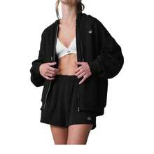 Alo Yoga Women's Accolade Full Zip Hoodie | Premium Heavyweight French Terry Fleece Sweatshirt | Luxury Soft Oversized Hooded Jacket | Classic Athletic Streetwear Zip-Up Outerwear | Urban Fashion Loose Fit Casual Gym Hoodie With Chrome Logo - Black - View 5