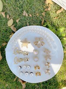 20件套珍珠花朵、海星、蝴蝶、蝴蝶结、链条鞋饰，可拆卸复古DIY仿珍珠花卉花园鞋饰，适合节日和生日派对礼物 - 金色 - 查看 12