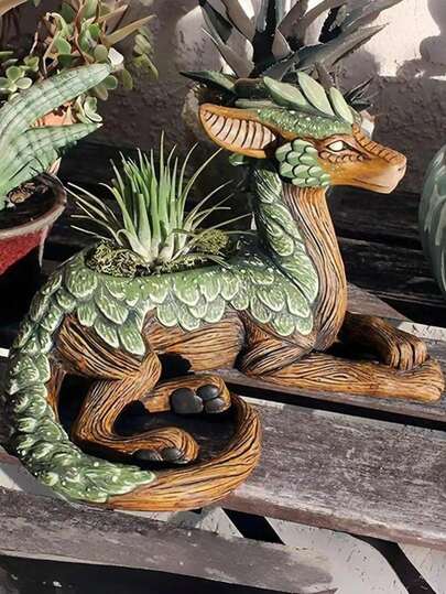 Art Deco Style Resin Dragon Planter For Succulents - Versatile All-Season Decorative Cactus Pot For Patio, Balcony, Home & Garden - Festive Holiday Decor For Christmas, Halloween, Spring, Summer, Fall - No Electricity Required, Succulent Plant Pot | Mythical Theme Decor | Textured Pot, Vases Home Decor