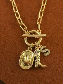 1pc Retro Classic Letter Western Cowboy Hat Pendant, With Gold Stainless Steel Paperclip Chain, Women Necklace - Yellow Gold - View 13