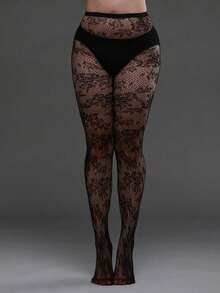 1 Pair Plus Size High Elasticity Floral Mesh Leggings, Women's Halloween Costume Tight Pants, Fashionable Sexy Black Mesh Pantyhose - Black - View 2