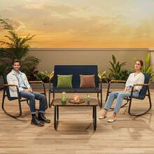 4-Piece Outdoor Patio Furniture Set, All Weather-Resistant Textile Fabric Outdoor Conversation Set With Coffee Table, Patio Rocking Chairs For Lawn, Balcony, Poolside,Outdoor Furniture - Màu xanh lam - Xem 9