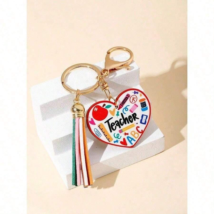 1Pc Cute DIY Teacher Letter Rainbow Wooden Keychain - With Apple Pen Book Pendants & Tassel, Perfect Graduation Classmate Party Gift, Car & Bag Charm - 多色-1 - 查看 1