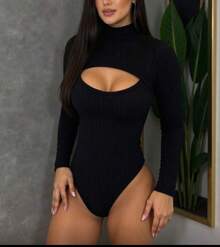 body feminino gola alta manga longa aberto na frente tecido boublle , - Preto - Visão 1