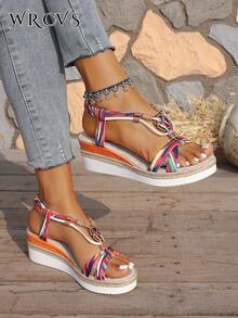 WRCVS 女士红色编织带凉鞋，夏季厚底坡跟凉鞋，手工串珠编织鞋底，饰以随机花卉图案，轻便度假波西米亚风坡跟凉鞋 - 紅色 - 查看 7