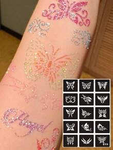 2pcs/1pc Reusable Hollow Butterfly Stencil & Various Pattern Temporary Tattoos, Suitable For DIY Glitter, Pearlescent Butterfly Stencil Tattoos, Party - Multicolor - View 2