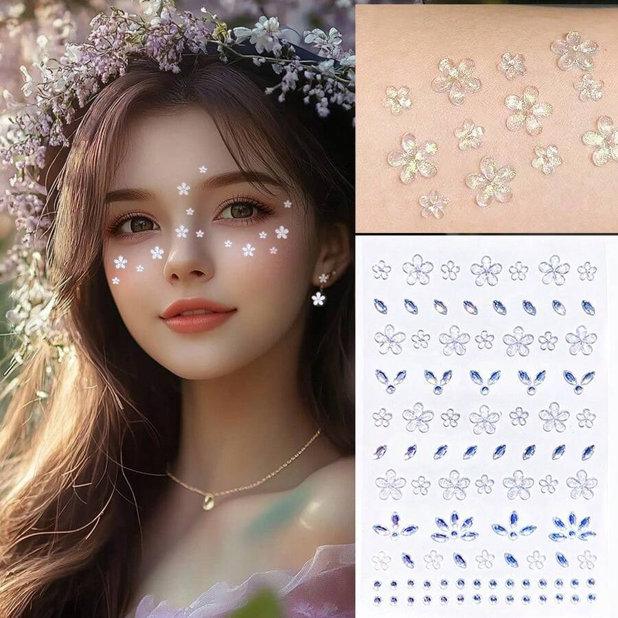 1 Sheet 3D Flower Eye Face Tattoos Self-Adhesive Five-Petal Flower Rhinestone Stickers Diamond Crystal Gems Party Supplies - White - View 1