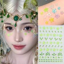 1 Sheet 3D Flower Eye Face Tattoos Self-Adhesive Five-Petal Flower Rhinestone Stickers Diamond Crystal Gems Party Supplies - màu xanh lá - Xem 3