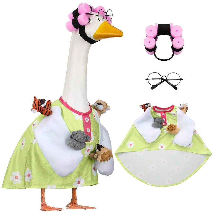 3 Pcs Funny Lady Porch Goose Costume Flower Print Clothes And Curler Wig Glasses Set For Outdoor Patio Yard Lawn - 多色 - 查看 1