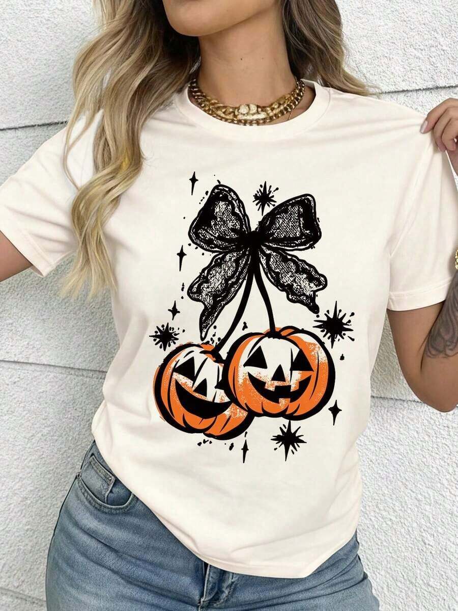 2026 New Arrival Women's T-Shirt, Premium Cotton Crew Neck Short Sleeve Halloween Nightmare Before Christmas Casual Pumpkin & Bow Lace Print Round Neck Short Sleeve T-Shirt For Women Perfect For Spring & Autumn, Spring Break, Summer Beach Vacation & Back To School - Light Apricot - View 1