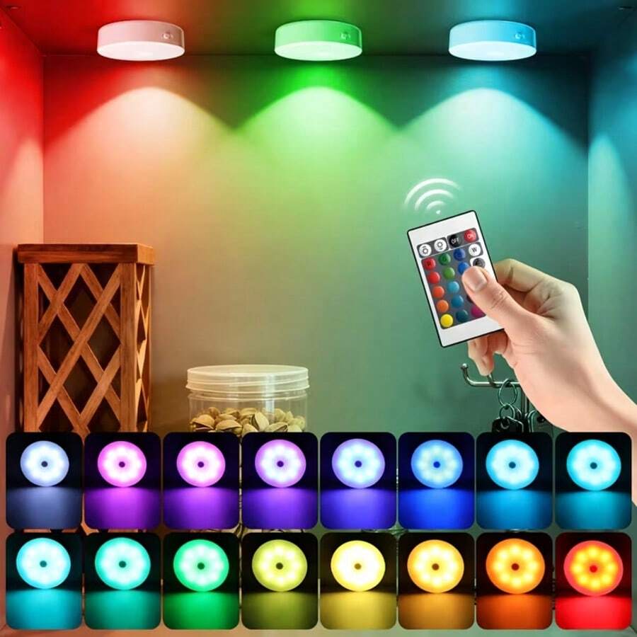 1/3/6pcs Rechargeable Remote Control Round RGB LED Night Light, With Timing Touch Control Multi-Color Changing, Suitable For Bedroom, Dorm, Cabinet, Wardrobe, Corridor (250mAh)