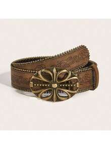 1pc Bohemian Vintage Hollow Floral Bronze Metal Brown Pattern PU Western Cowboy Belt For Women, Suitable For Women, Vacation, Graduation Gift, Birthday - Brown Openwork Floral Beaded - View 5
