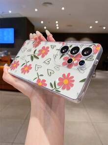 1pc Heart Flower Print Pattern Android Phone Case, Precise Cutout Camera Protection Suitable For Samsung Galaxy S25 Ultra/Galaxy S24 Ultra/S24/S23 Ultra/A56 5G/A55 5G/A52s 5G/A26 5G, Nothing, Pixel, Protective Cover - Clear - View 5