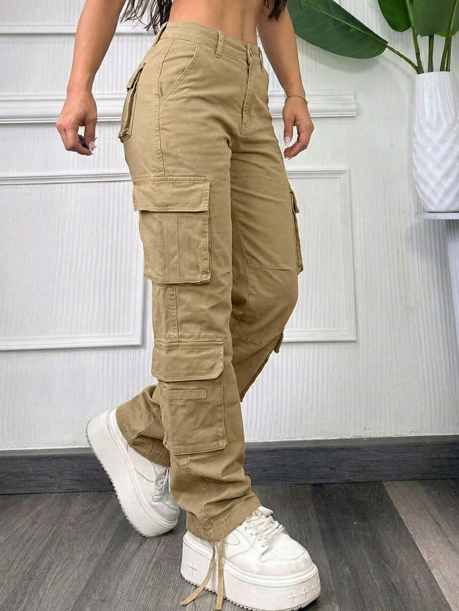 Dambyxor med flera fickor, casual Y2K-modell - Ljus kaki - Visa 1