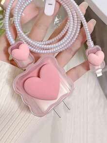 粉色心形5件套充电器保护套，兼容苹果14英寸数据线和13英寸Pro充电器，支持20W快充，女士礼物，妇女节礼物 - 彩色 - 查看 2