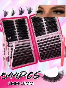 608/544/528片装DIY单根假睫毛，多款式假睫毛一盒，8-16毫米混合长度条状假睫毛，柔软持久，套装包含睫毛胶、定型液、刷子和镊子，适合日常、约会、派对和节日，易于佩戴。 - 粉色 - 查看 6
