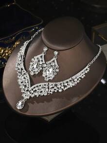 3件套银色新娘项链耳环首饰套装，优雅婚礼派对配饰 - 銀色 - 查看 4