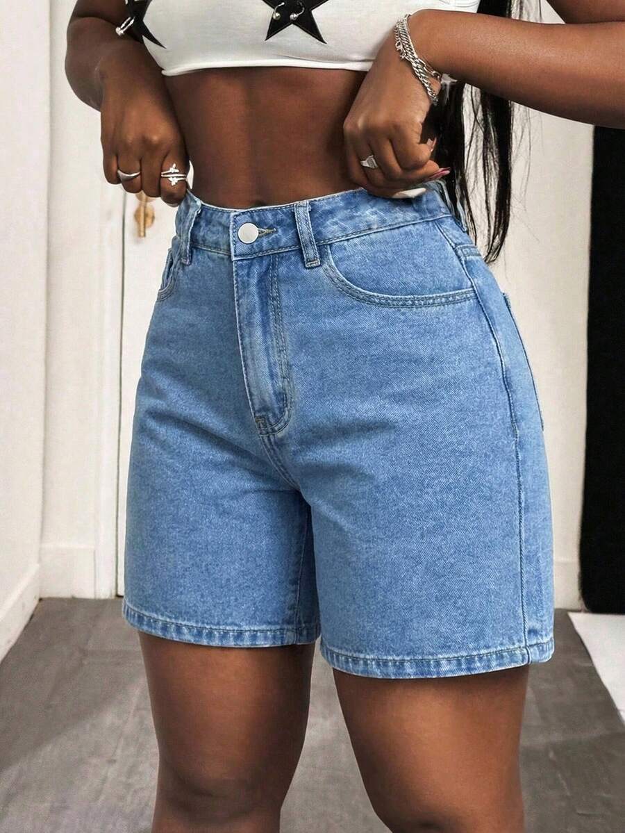 Women's Solid Color Versatile Loose Straight Bermuda Denim Shorts, Blue Casual - 中等水洗藍 - 查看 1