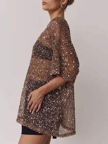 Women Sequin Sheer Short Sleeve Glitter T Shirt Sparkle See Through Crochet Cover Up Swimsuit Beach Shiny Mesh Blouse Top - 棕色 - 查看 3