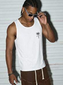 Modcrash Camiseta de tirantes de hombre de verano casual con estampado de letras y palmeras, ideal para la primavera y el verano - Blanco - Ver 2