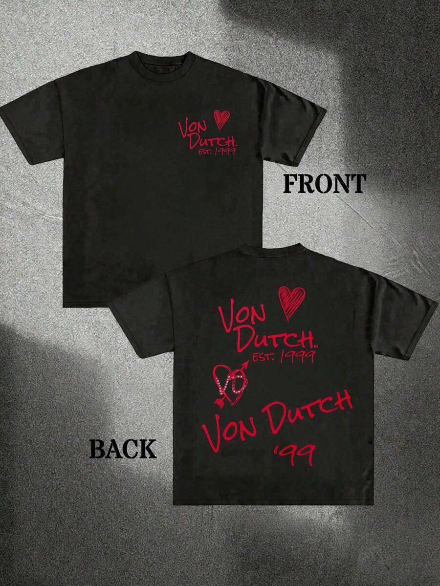 Black 1pcs Women's Double-Sided Printing Von Dutchh Heart Logo With Key And Year 1999 Fabric Soft & Skin-Friendly Unisex Style Gifts For Spring Festival, Valentine's Day, St. Patrick's Day & World Cup-Van Dutch Dragon Print Women T Shirt Classic Americana Style Graphic Tee - màu đen - Xem 1