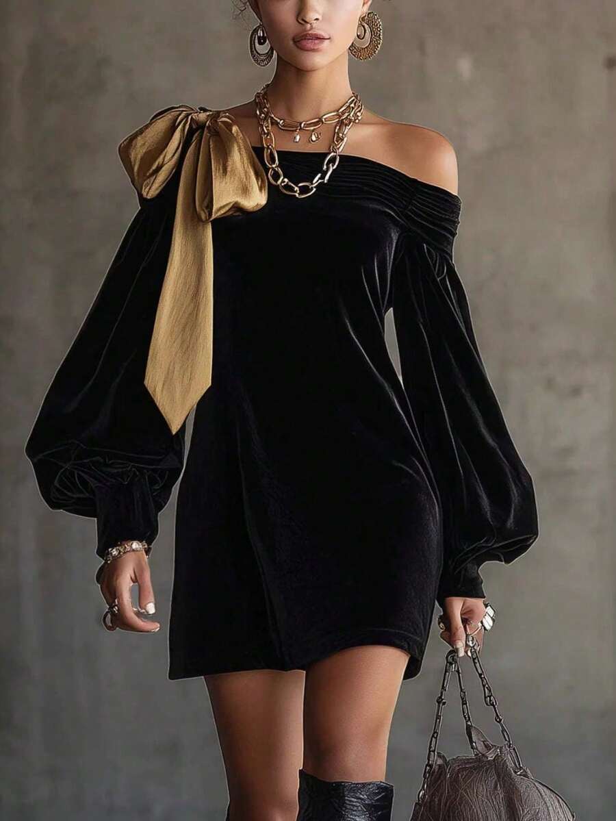 Elegant Women's Sleeveless Velvet Mini Dress With Gold Bow Detail, Long Sleeve Party Dress - 黑色 - 查看 1