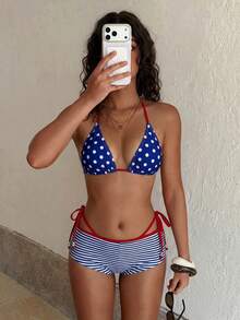 3pcs Women's Bikini Swimwear, Vintage Brown Polka Dot Print Striped Beach Shorts Swimwear / Vacation Outfit / The 4th Of July / Back To School Summer - Blue - View 5