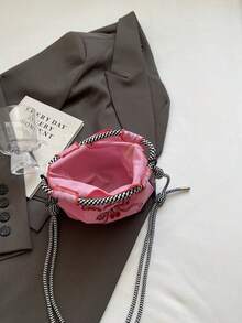 Bolso de tela de nailon con bordado de mariposa, estilo dulce de niña. Bolso de hombro con correa tejida en blanco y negro. - Rosa - Ver 11