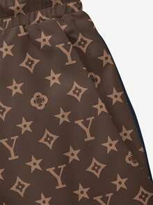 Men's Summer Printed Pattern Drawstring Waist Oblique Pocket Hawaiian Quick-Dry Double-Layer Mesh Lined Shorts, Contrast Letter 3D Graphic Art Print, Fashionable Casual Beach Holiday Swim Trunks - Brown - View 5